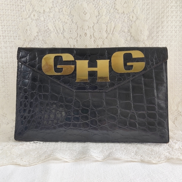 Black Alligator Skin Embossed Large Clutch Purse Vintage Abercrombie and Fitch - Picture 2 of 7